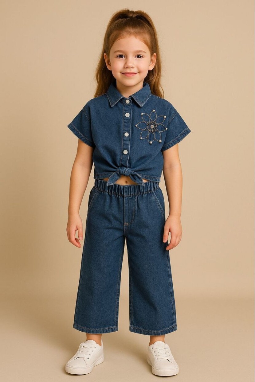 ÇİÇEK DETAYLI DENİM TAKIM