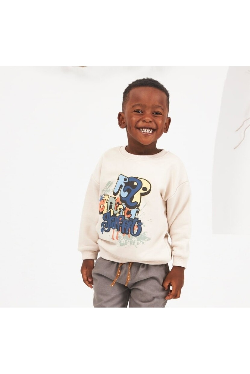 ERKEK BEJ RENKLİ YAZILI SWEATSHİRT