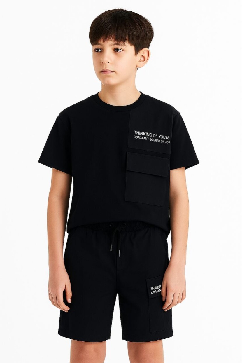 ERKEK DOKUMA CEP VE OMUZ DETAYLI SIRT BASKILI ŞORTLU TAKIM