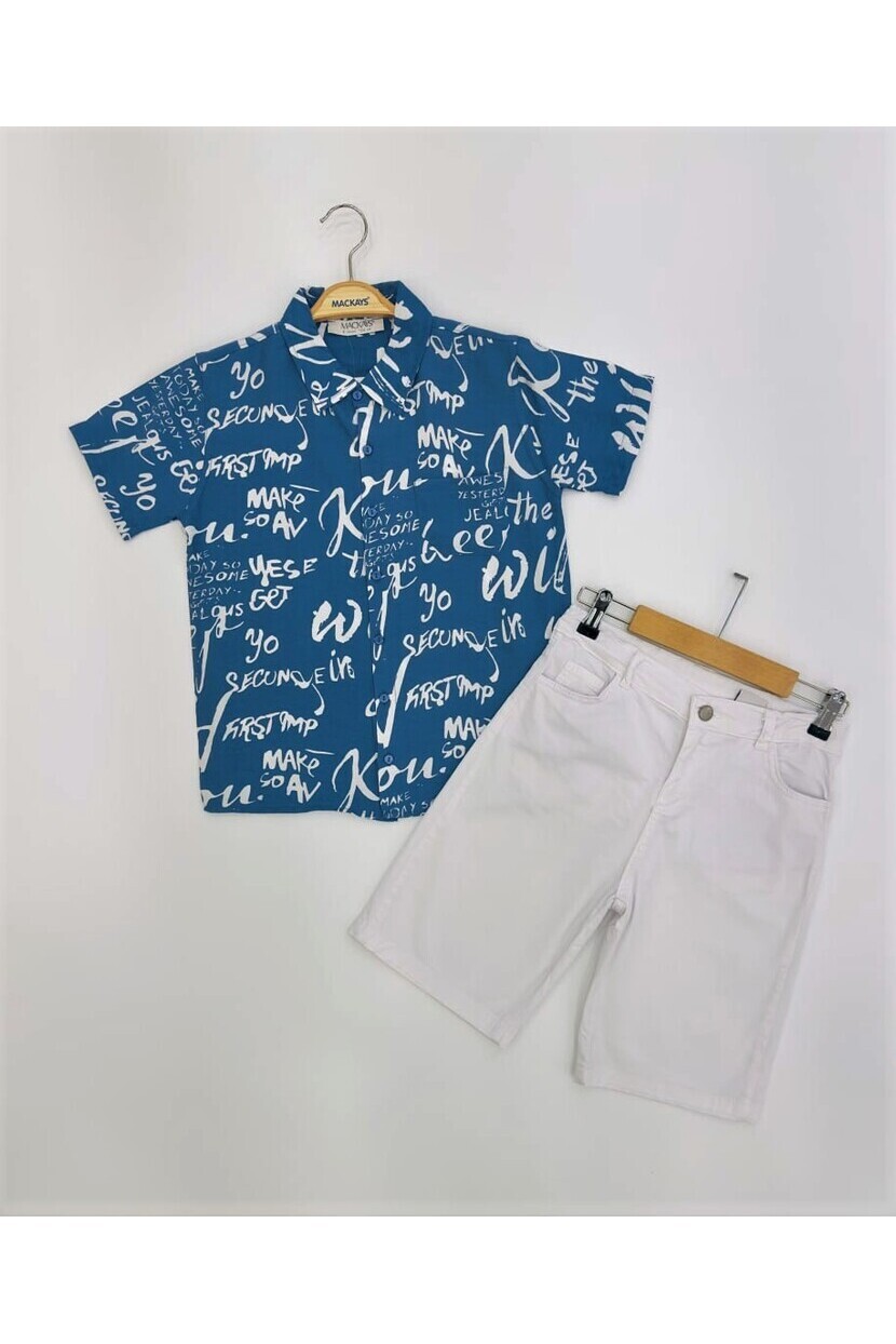 ERKEK YAZILI GÖMLEKLİ BEYAZ ŞORTLU TAKIM