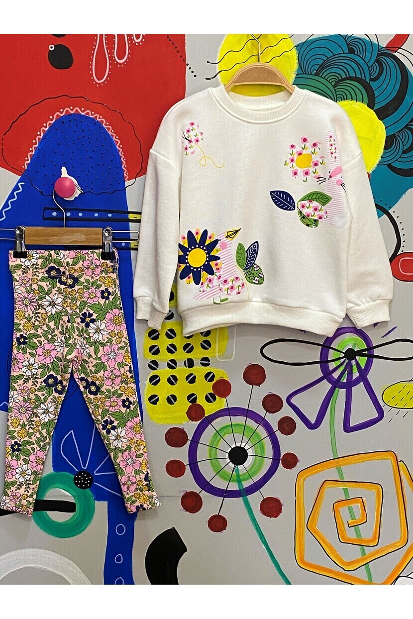 Kız Çiçek Baskılı Taytlı Takım