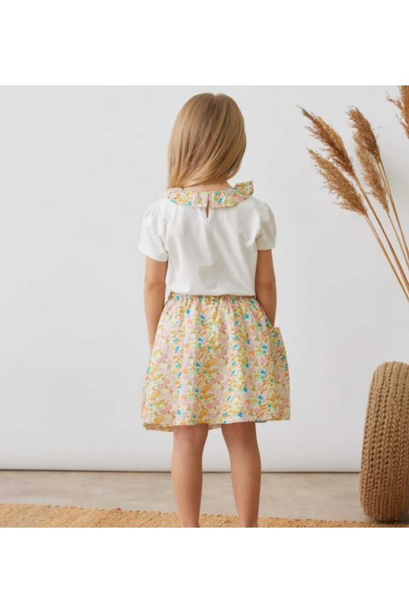 KIZ ÇİÇEK DESENLİ ETEK T-SHİRT  TAKIM