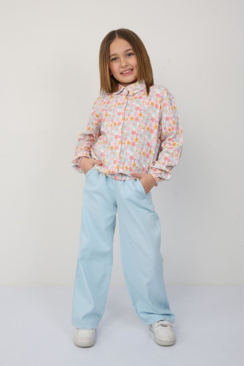 KIZ ÇİÇEK DESENLİ MÜSLİN GÖMLEK GABARDİN PANTOLONLU TAKIM