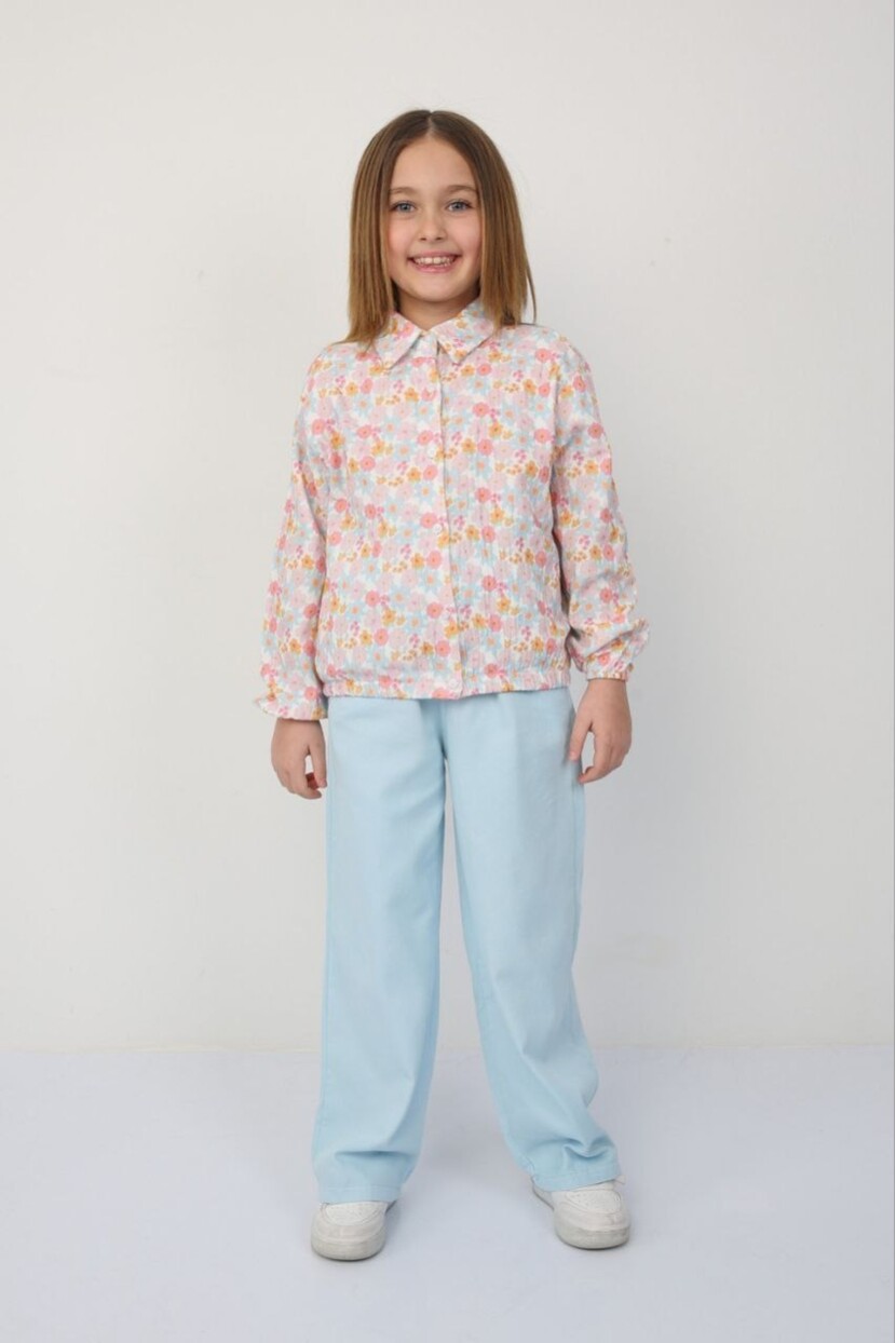 KIZ ÇİÇEK DESENLİ MÜSLİN GÖMLEK GABARDİN PANTOLONLU TAKIM