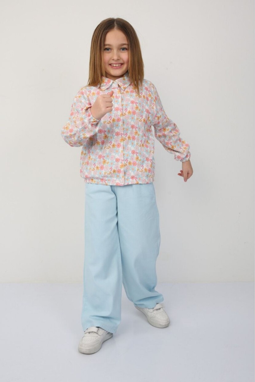 KIZ ÇİÇEK DESENLİ MÜSLİN GÖMLEK GABARDİN PANTOLONLU TAKIM