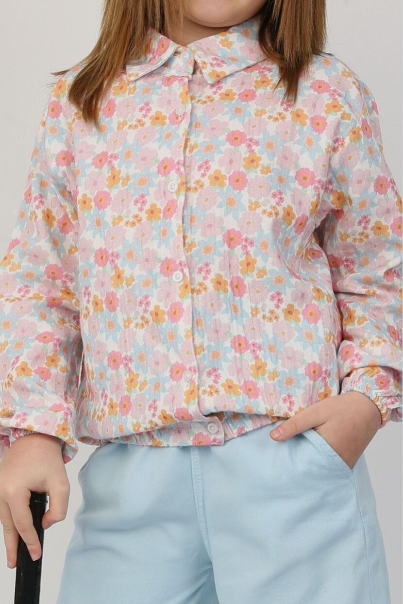 KIZ ÇİÇEK DESENLİ MÜSLİN GÖMLEK GABARDİN PANTOLONLU TAKIM