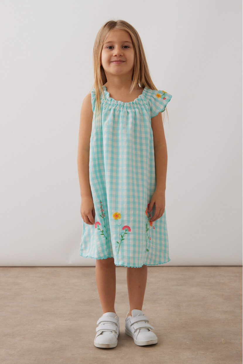 KIZ ÇİÇEK NAKİŞ DETAYLI ELBİSE