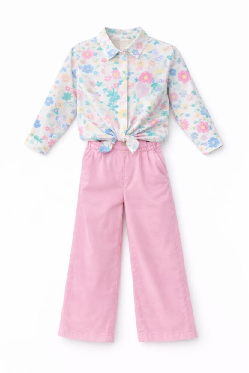 KIZ ÇİÇEKLİ BAĞLAMALI GÖMLEK TAKIM