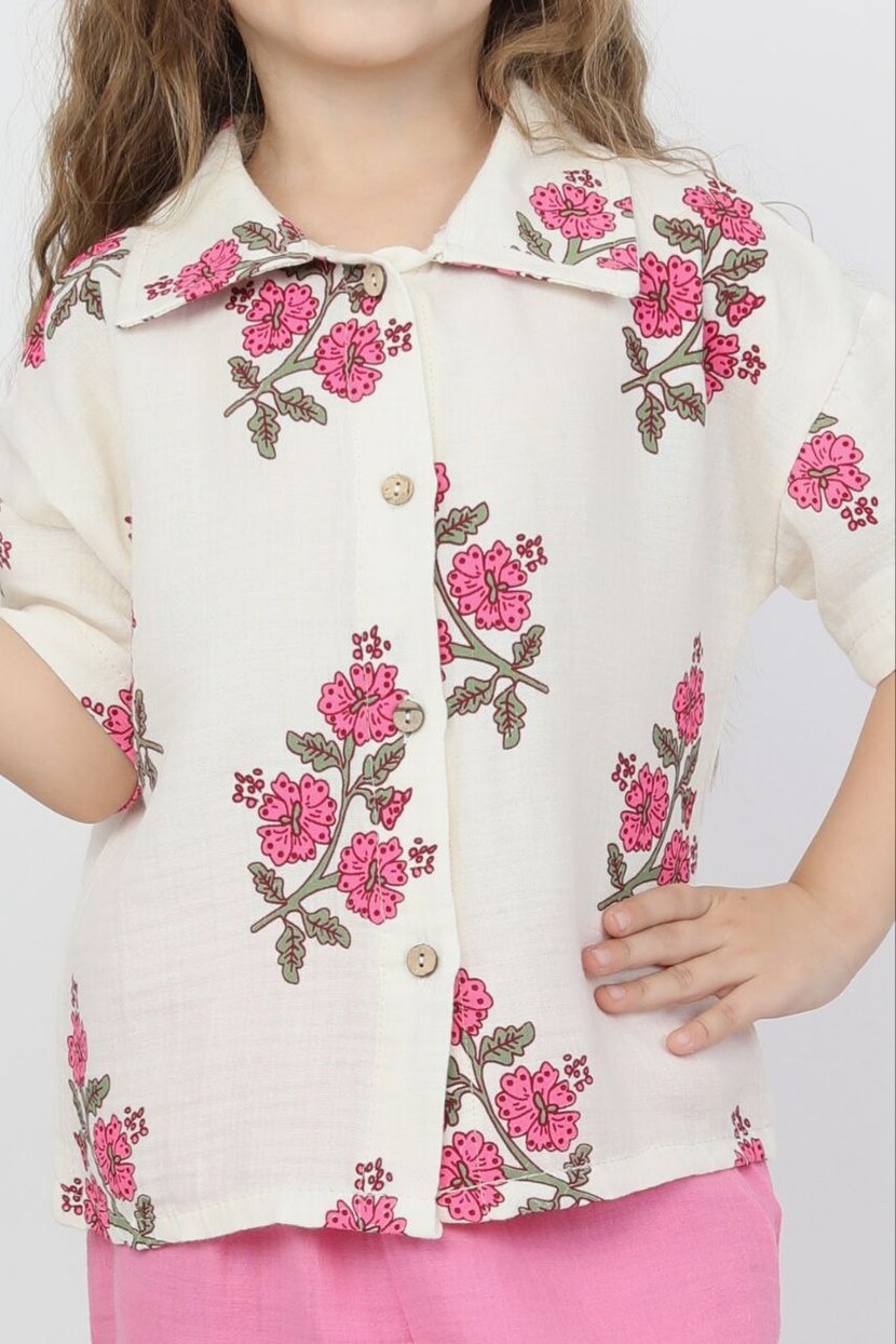 KIZ ÇİÇEKLİ MÜSLİN KUMAŞ GÖMLEK PANTOLONLU TAKIM