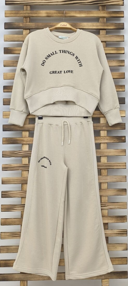 KIZ EKRU RENKLİ  BOL PAÇA PANTOLONLU TAKIM