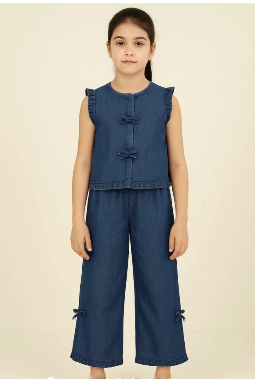 KIZ FIRFIRLI GÖMLEK PANTOLON DENİM TAKIM