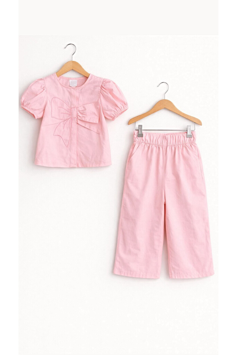 KIZ FİYONK DETAYLI DOKUMA GÖMLEK PANTOLON TAKIM