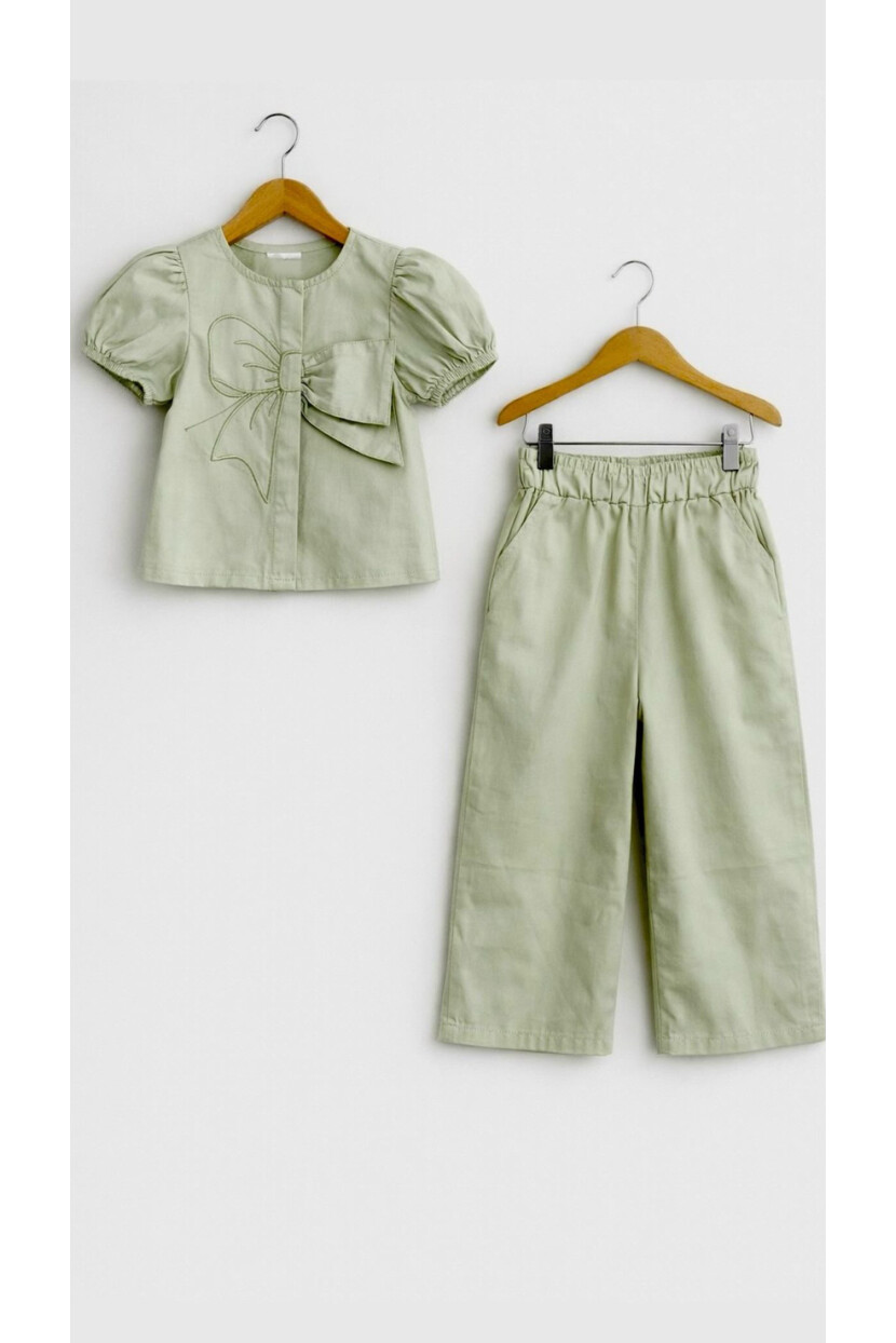 KIZ FİYONK DETAYLI DOKUMA GÖMLEK PANTOLON TAKIM