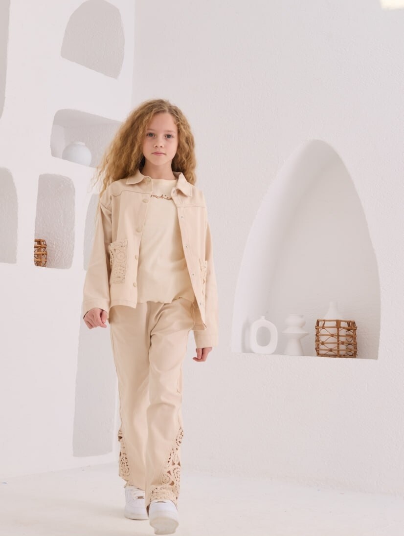 KIZ GÜPÜR DETAYLI CEKET TSHİRT PANTOLON 3LÜ TAKIM