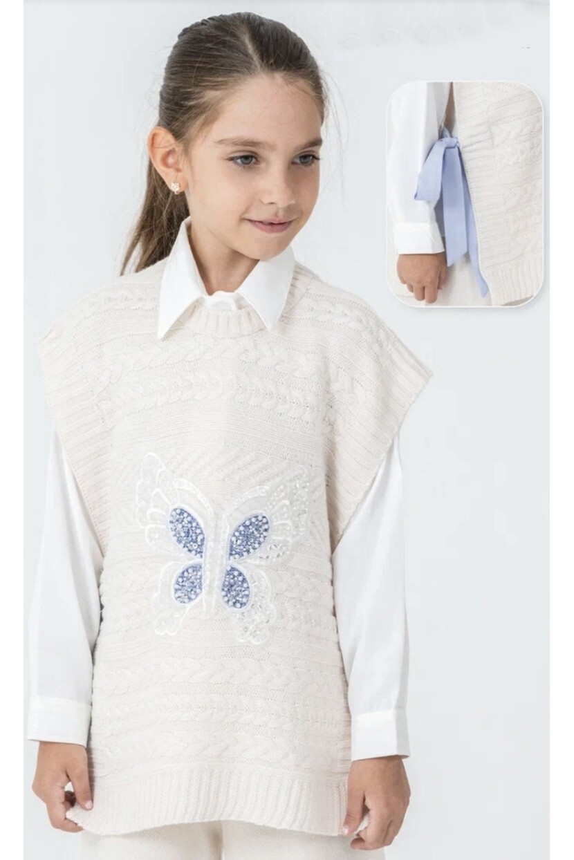 KIZ KELEBEK İNCİ DETAYLI YAN BAĞCIKLI TRİKO YELEK
