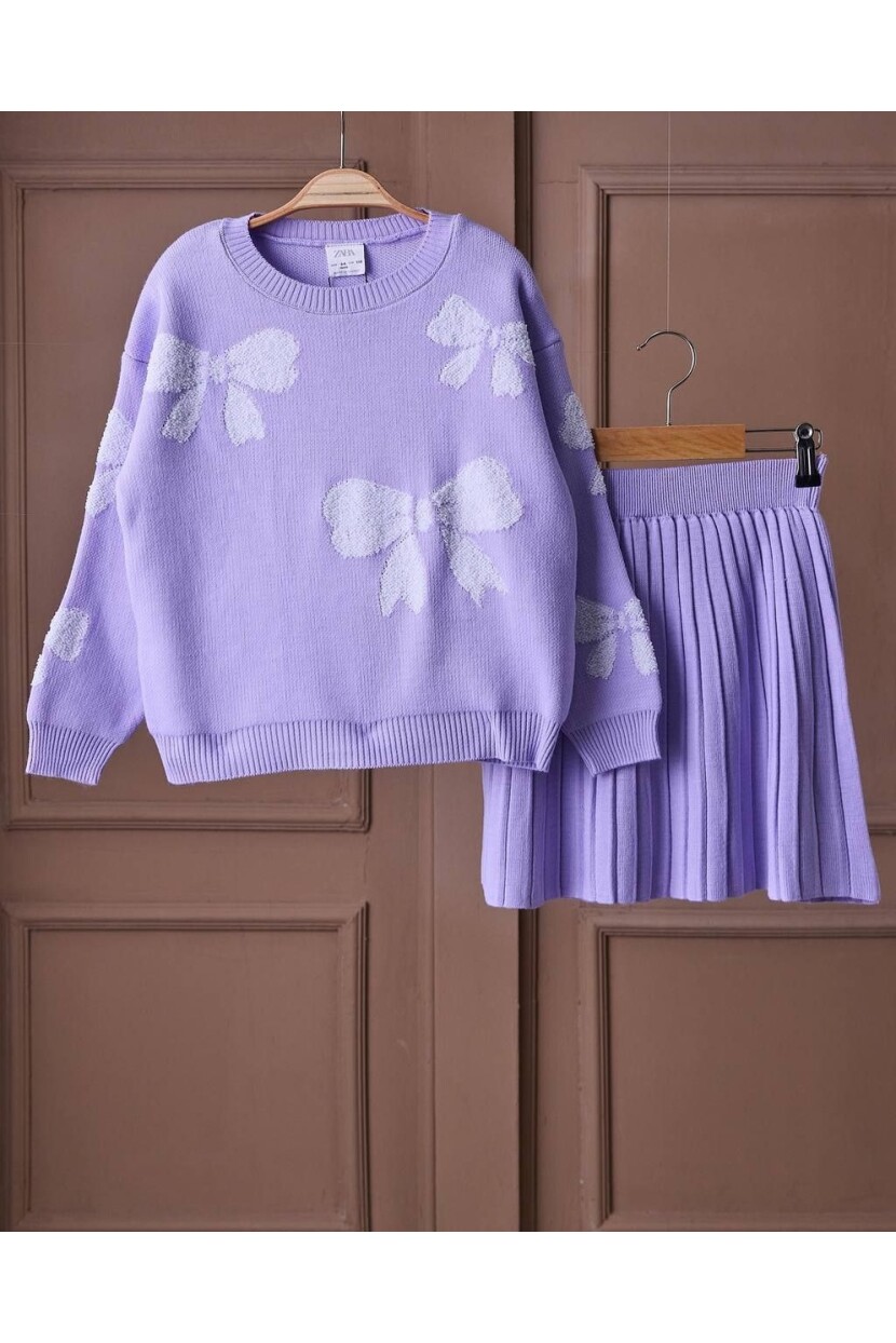 KIZ MOR FİYONKLU PİLELİ ETEK TRİKO TAKIM