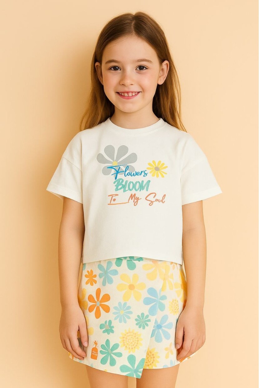 KIZ PAPATYA DESENLİ ŞORT ETEKLİ TAKIM