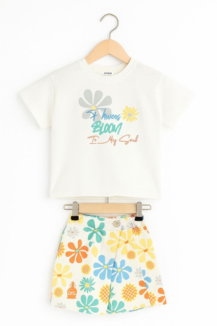 KIZ PAPATYA DESENLİ ŞORT ETEKLİ TAKIM