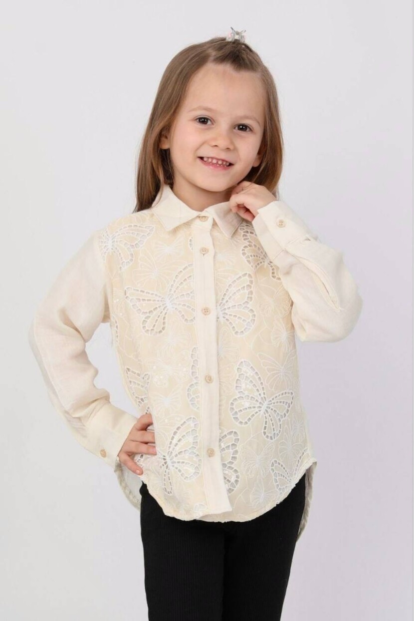 KIZ PAYET DANTELLİ KELEBEK DESENLİ PAMUKLU MÜSLİN GÖMLEK
