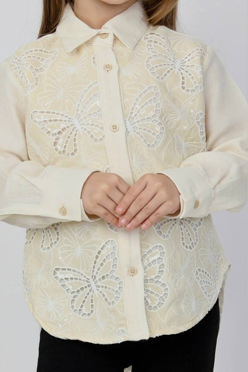 KIZ PAYET DANTELLİ KELEBEK DESENLİ PAMUKLU MÜSLİN GÖMLEK