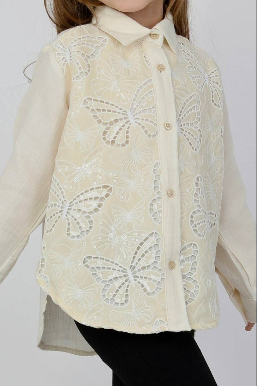 KIZ PAYET DANTELLİ KELEBEK DESENLİ PAMUKLU MÜSLİN GÖMLEK