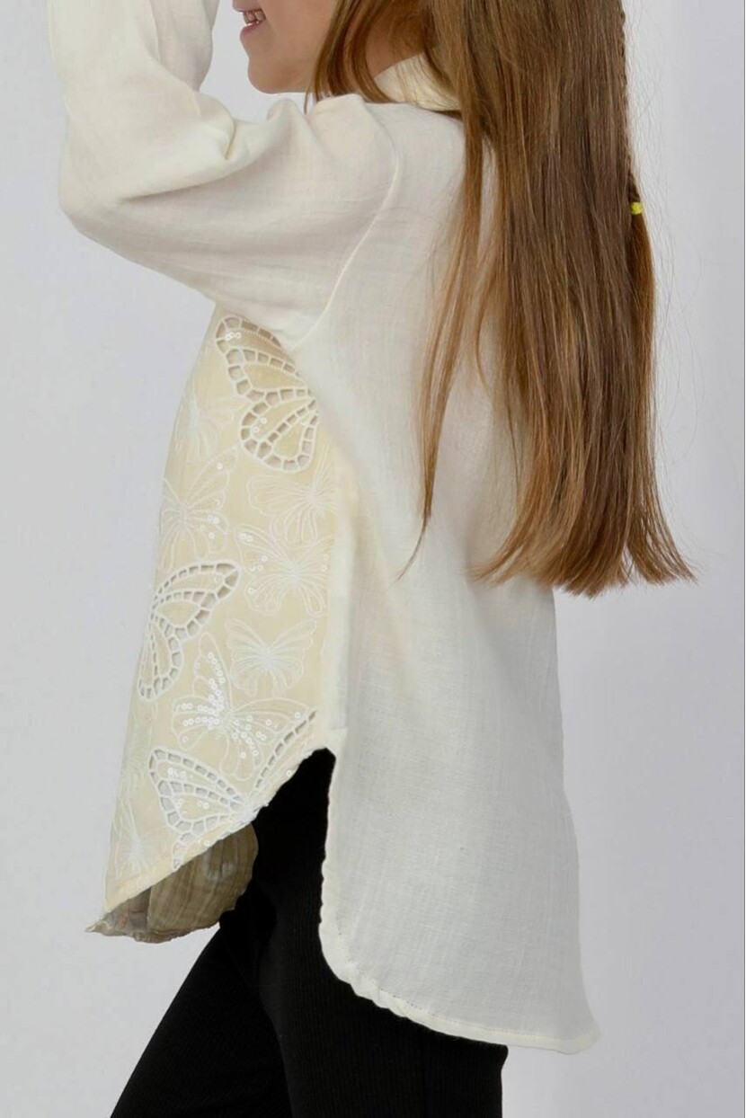 KIZ PAYET DANTELLİ KELEBEK DESENLİ PAMUKLU MÜSLİN GÖMLEK