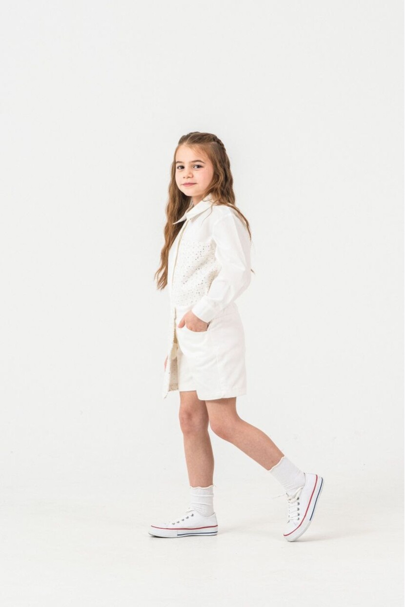 KIZ PAYET İŞLEMELİ ŞORT ETEK GÖMLEK TAKIM