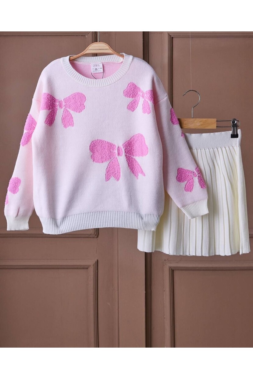 KIZ PEMBE FİYONKLU PİLELİ ETEK TRİKO TAKIM