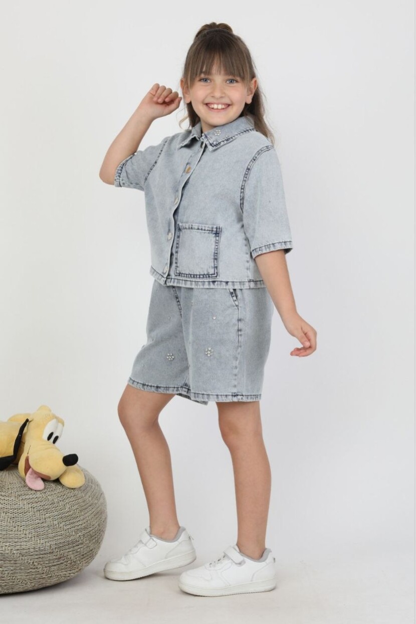 KIZ TAŞ DETAYLI ŞORTLU DENİM TAKIM