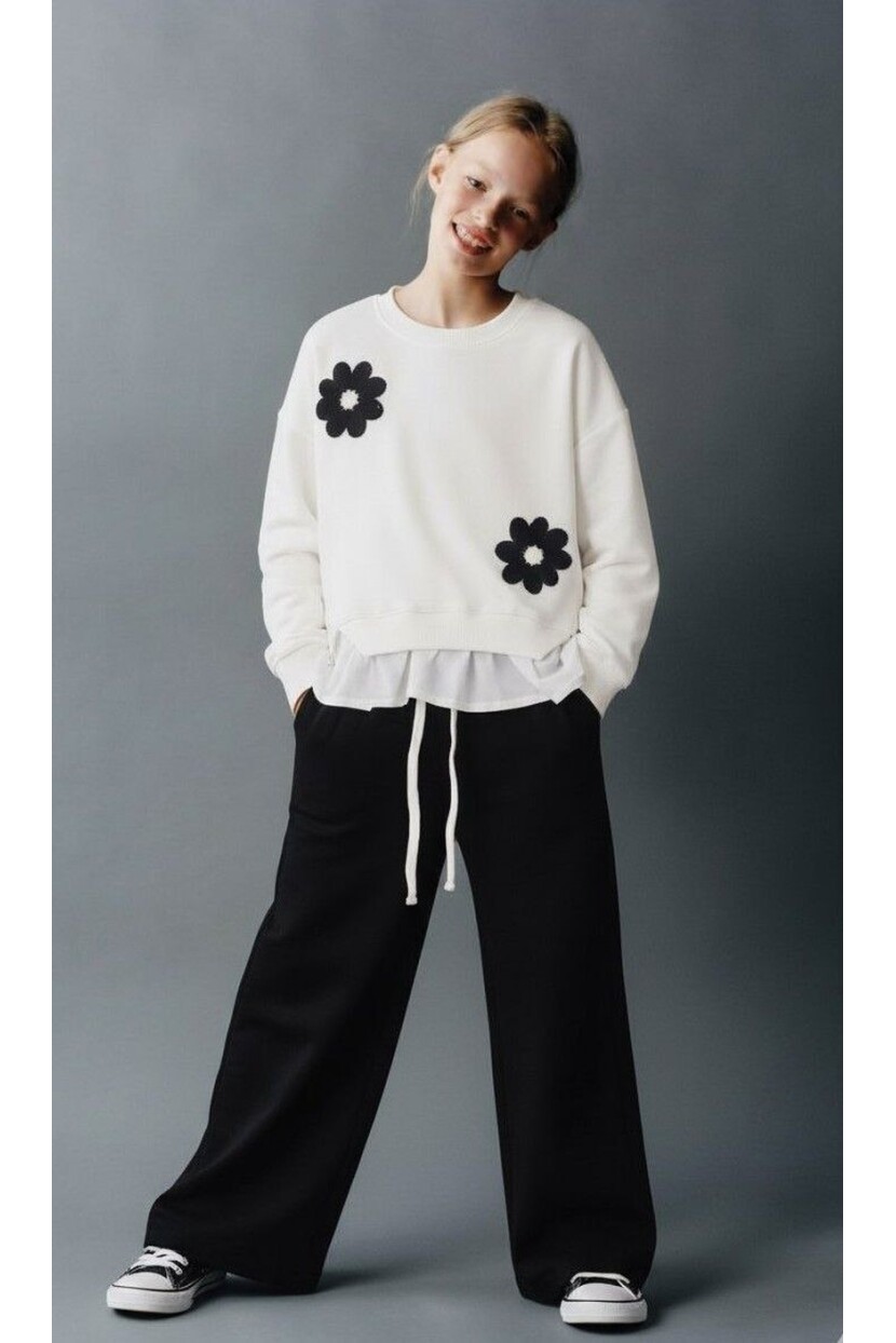 KIZ TRİKO ÇİÇEK DETAYLI ETEK DOKUMA POPLİN TAKIM