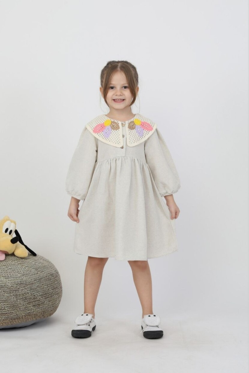 KIZ YAKA DETAYLI KETEN ELBİSE