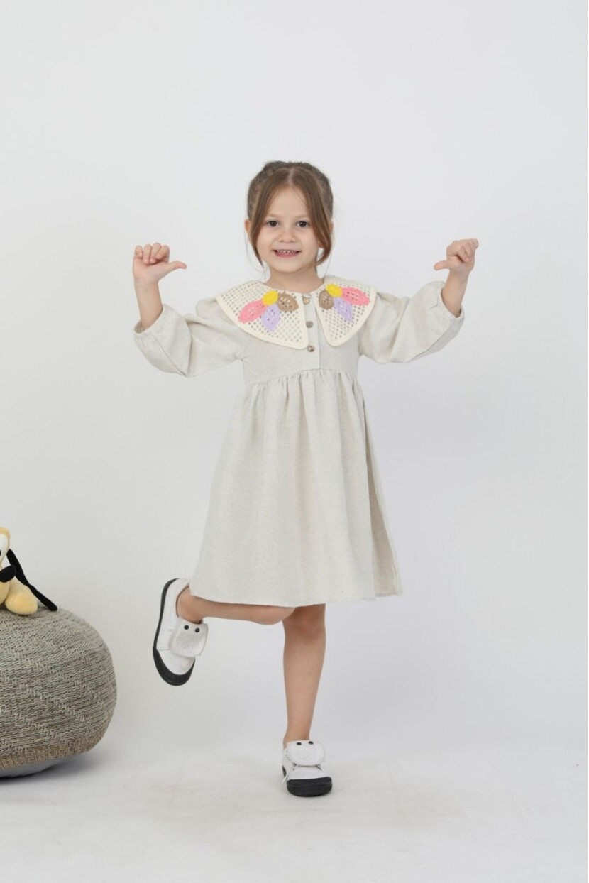 KIZ YAKA DETAYLI KETEN ELBİSE