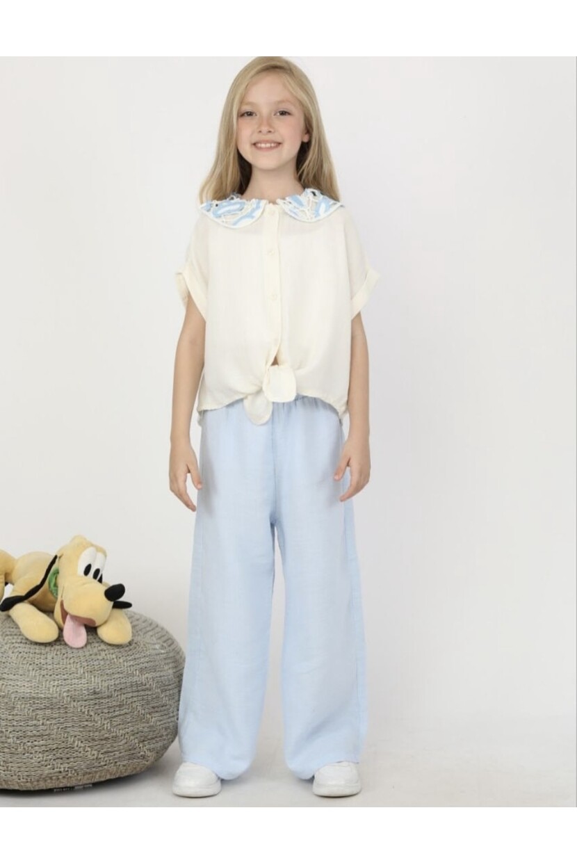 KIZ YAKALI MÜSLİN KUMAŞ GÖMLEKLİ PANTOLONLU TAKIM
