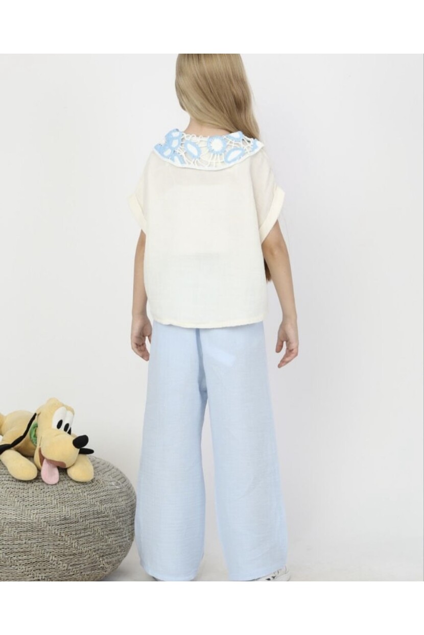 KIZ YAKALI MÜSLİN KUMAŞ GÖMLEKLİ PANTOLONLU TAKIM