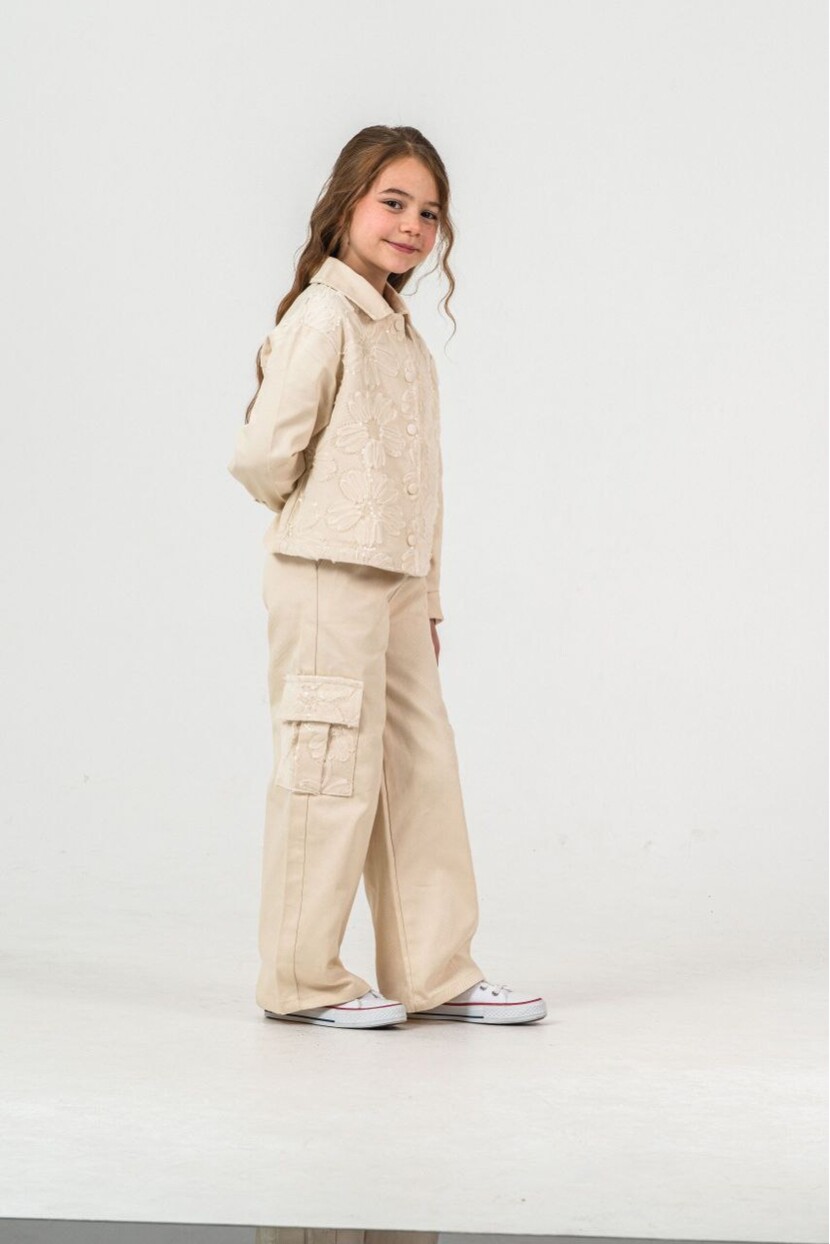 KIZ ZAMBAK SÜSLEMELİ KARGO CEPLİ DOKUMA TAKIM