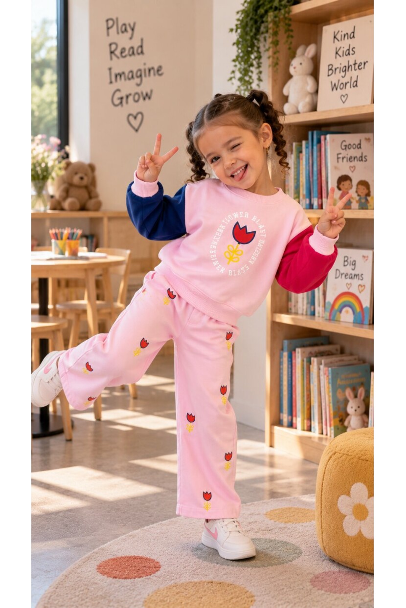 KIZ LALE DESENLİ DOKUMA PANTOLONLU TAKIM