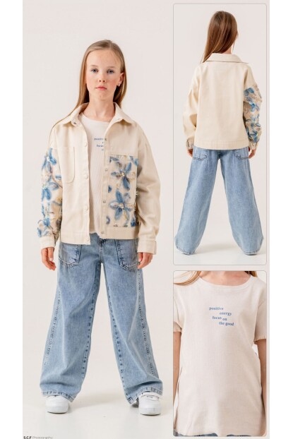 ÇİÇEK DETAYLI CEKET T-SHİRT TAKIM