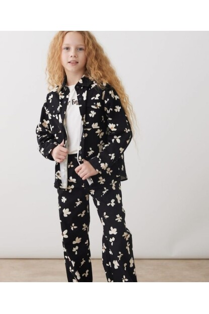 KIZ ÇİÇEK DESENLİ GABARDİN TAKIM