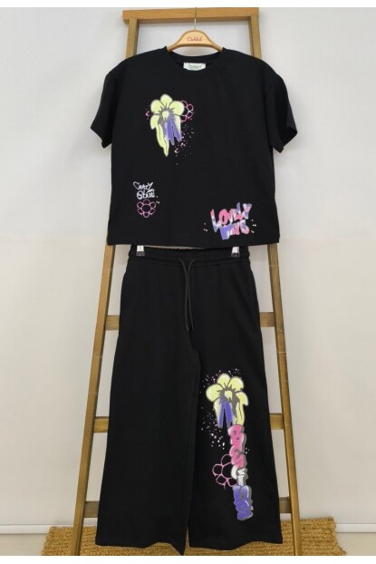 KIZ BASKILI PAMUK PANTOLONLU TAKIM