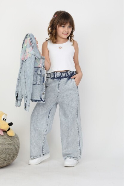 KIZ ÇİÇEK APLİKELİ DENİM TAKIM