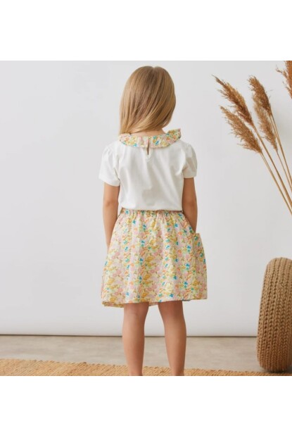KIZ ÇİÇEK DESENLİ ETEK T-SHİRT  TAKIM