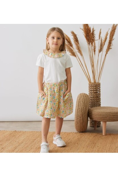 KIZ ÇİÇEK DESENLİ ETEK T-SHİRT  TAKIM
