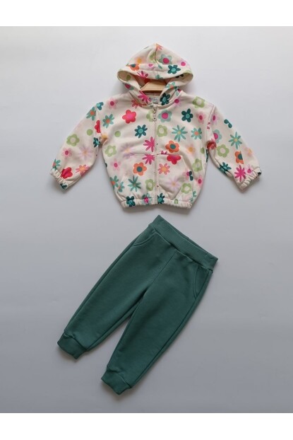 KIZ ÇİÇEK DESENLİ KAPŞONLU TAKIM