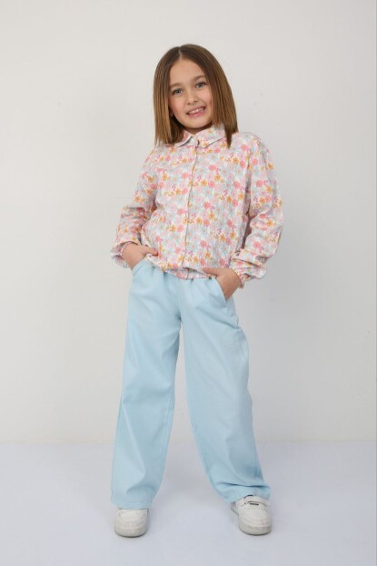 KIZ ÇİÇEK DESENLİ MÜSLİN GÖMLEK GABARDİN PANTOLONLU TAKIM