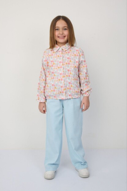 KIZ ÇİÇEK DESENLİ MÜSLİN GÖMLEK GABARDİN PANTOLONLU TAKIM