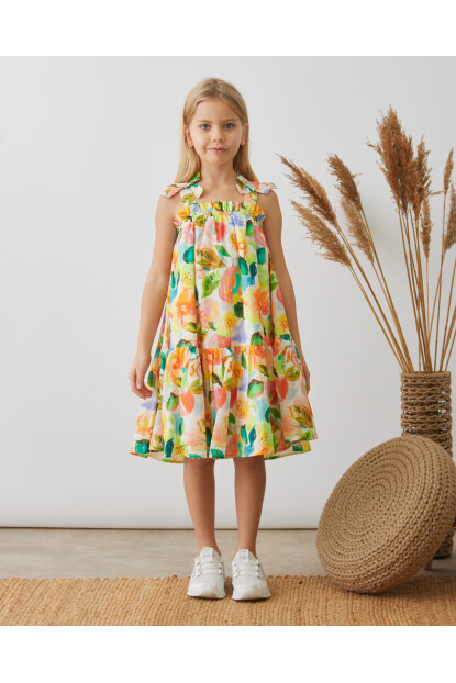 KIZ ÇİÇEK DESENLİ VUAL ELBİSE