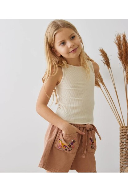 KIZ ÇİÇEK NAKIŞLI ŞORTLU TAKIM