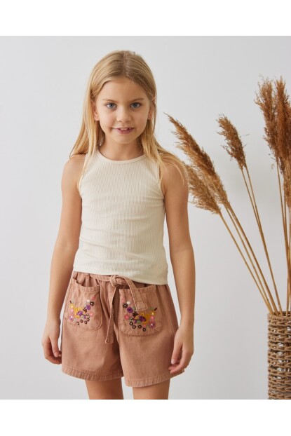 KIZ ÇİÇEK NAKIŞLI ŞORTLU TAKIM