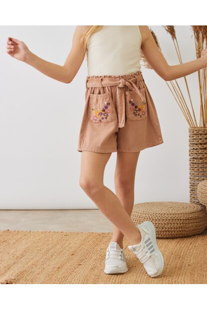 KIZ ÇİÇEK NAKIŞLI ŞORTLU TAKIM