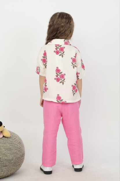 KIZ ÇİÇEKLİ MÜSLİN KUMAŞ GÖMLEK PANTOLONLU TAKIM